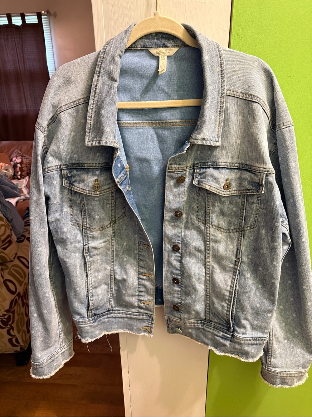 Light Wash Denim Jacket with Polka Dot Detail